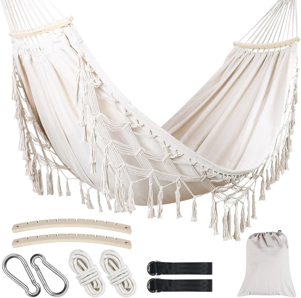Portable Double Hammock, Hanging Hammock with Tassels and Fishtail Knitting, ...