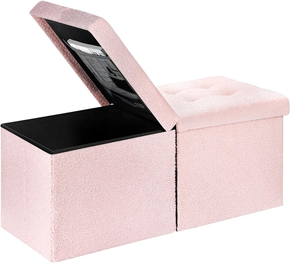 Storage Ottoman Bench, 34" Teddy Velvet Folding Foot Rest, Pink