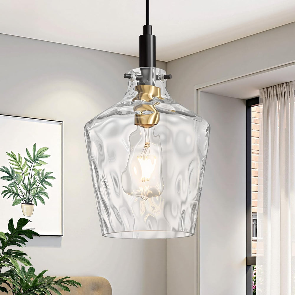 Hammered Glass Pendant Light for Kitchen Island 1 Pack Black Gold 8 Inch
