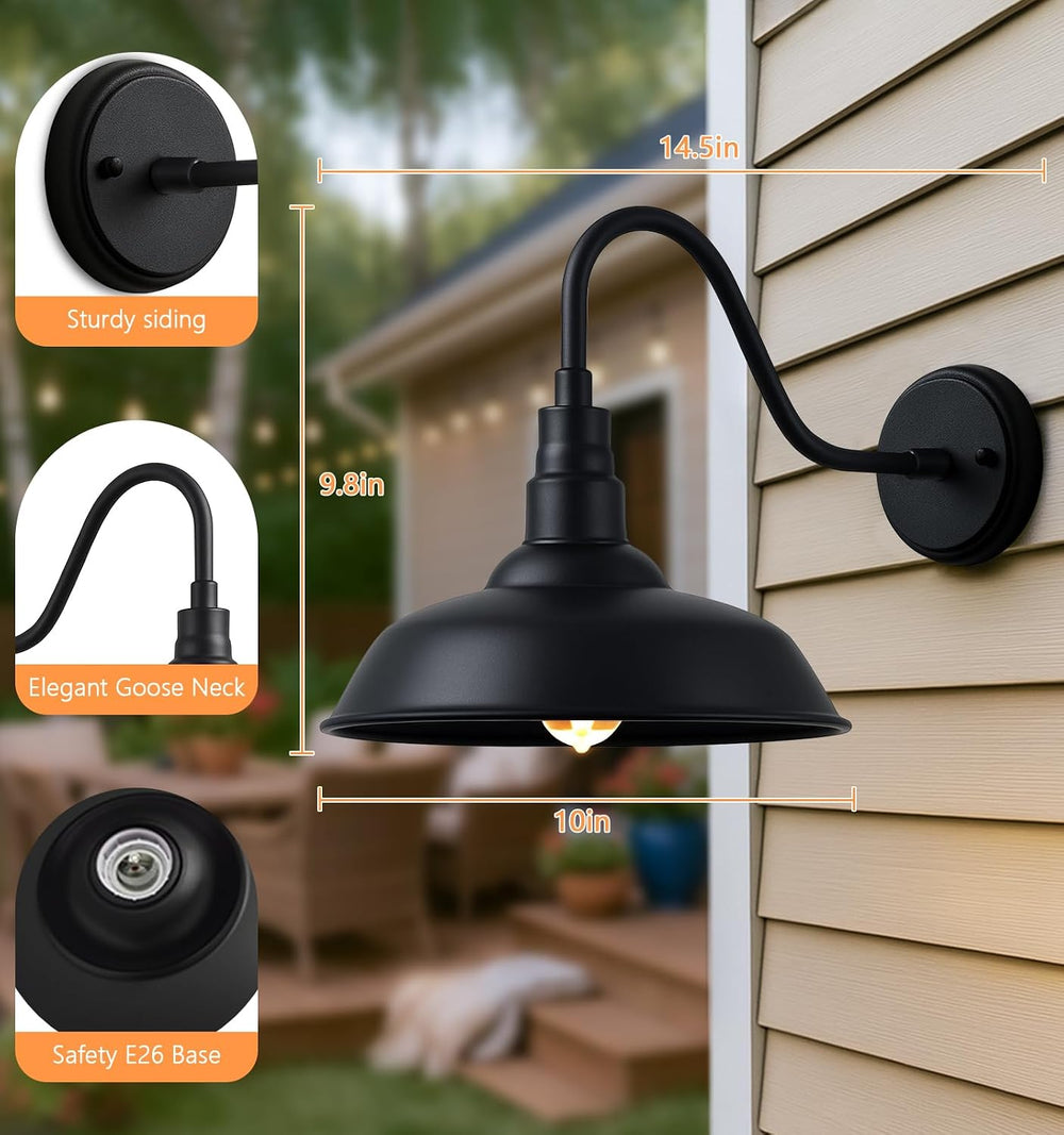 10" Outdoor Gooseneck Barn Lights, Black Farmhouse Fixtures, 2-Pack