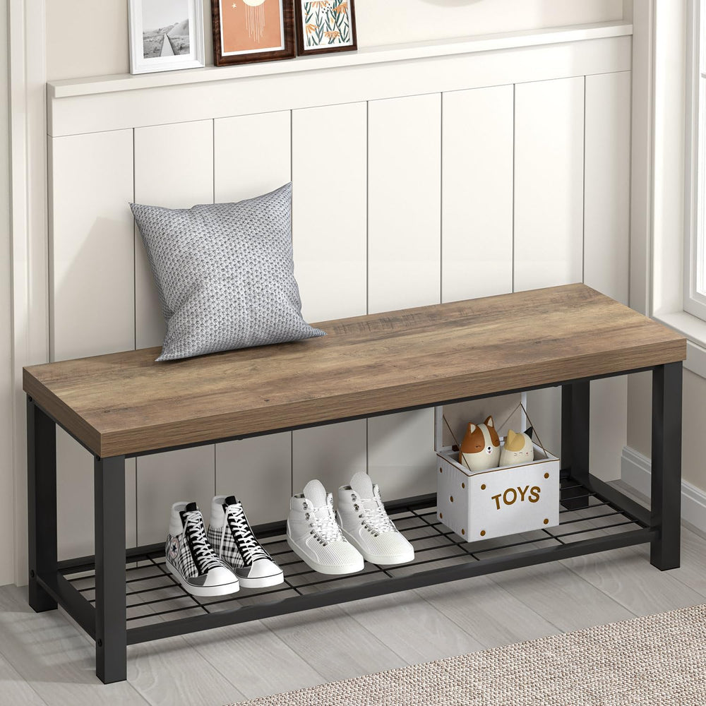 FOLUBAN Entryway Bench, Industrial Wood and Metal Storage Bench with Metal Sh...
