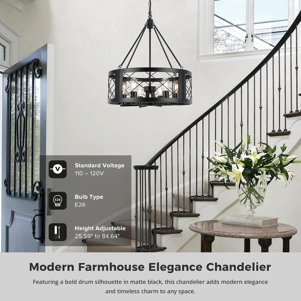 Black Farmhouse Chandelier for Dining Room, 22" Rustic Matte Black Drum ...