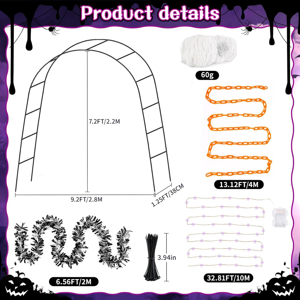 7Pcs Halloween Outdoor Arch Decor, 1 Arches 20 Spiders 3 Tinsel Garland