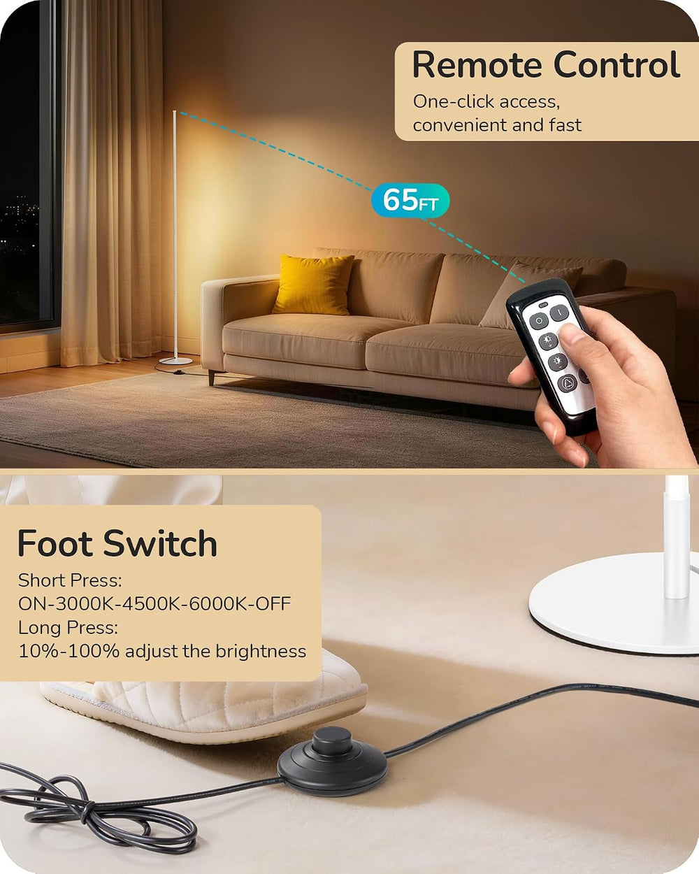 EDISHINE 59.8" Corner Lamp with Remote & 3 Height Settings, Dimmable...