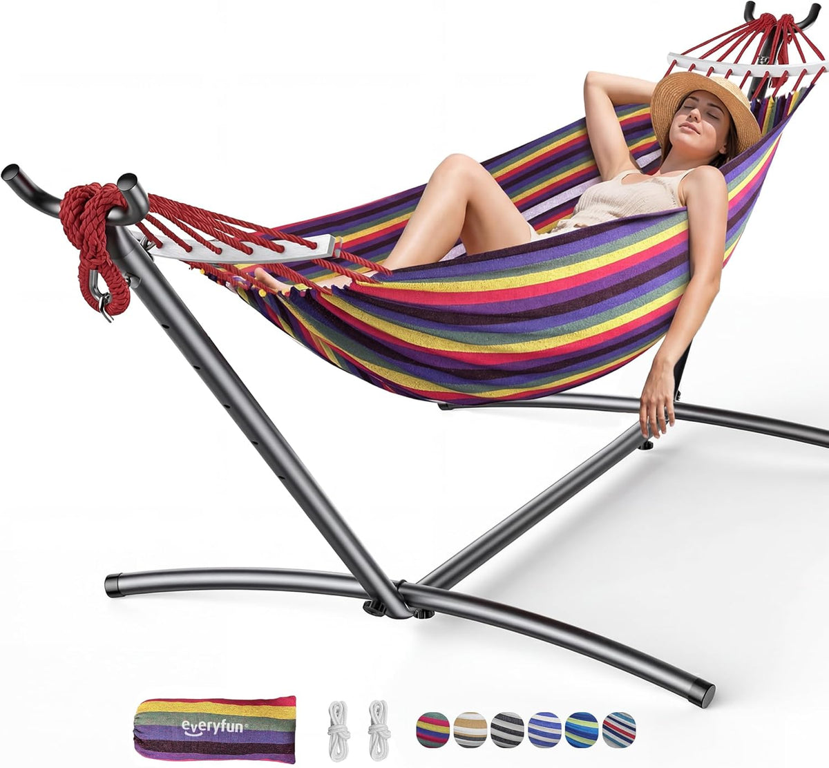everyfun double hammock with stand for 2 person shown in use