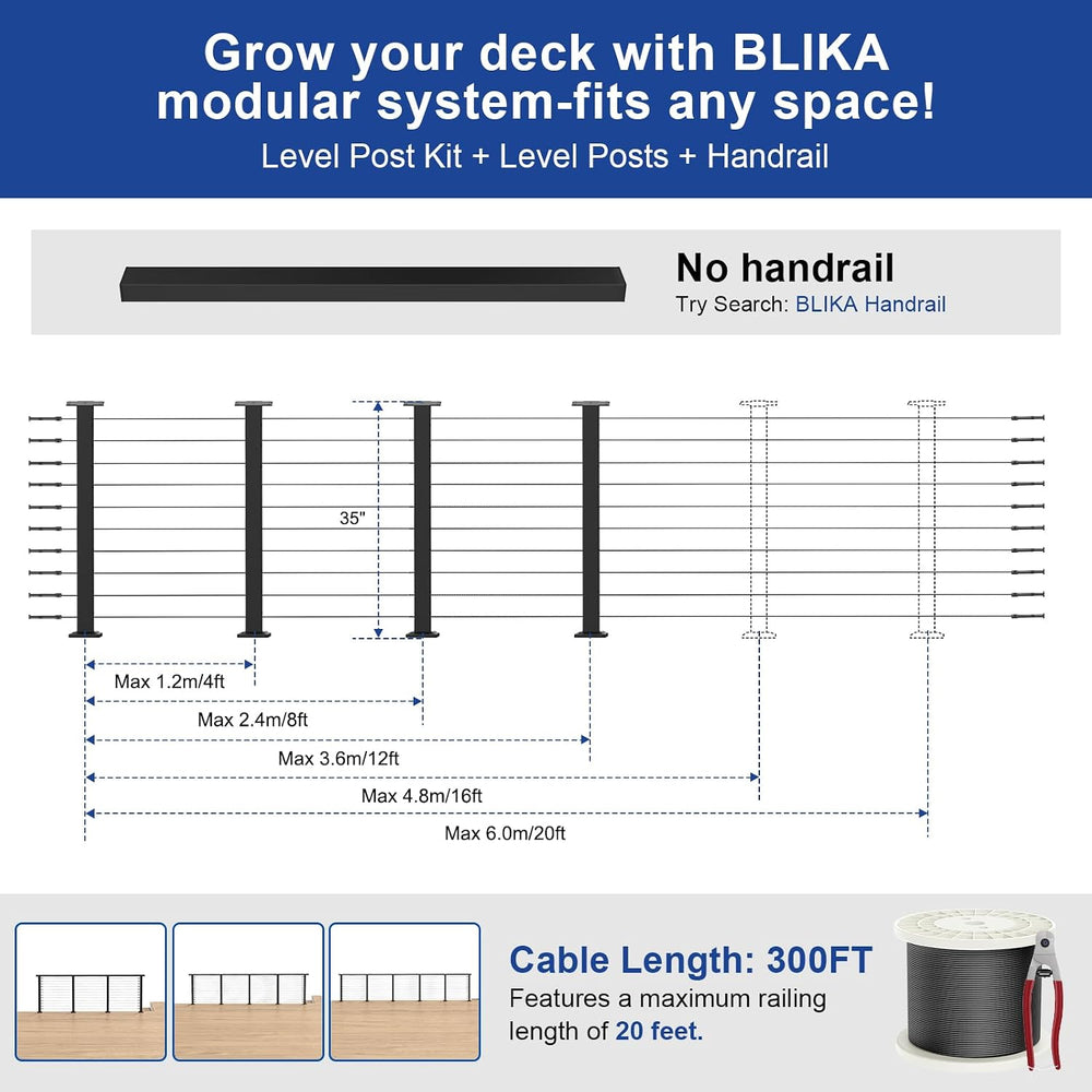 BLIKA 12FT-20FT Complete Set 36" Cable Railing Post Kit