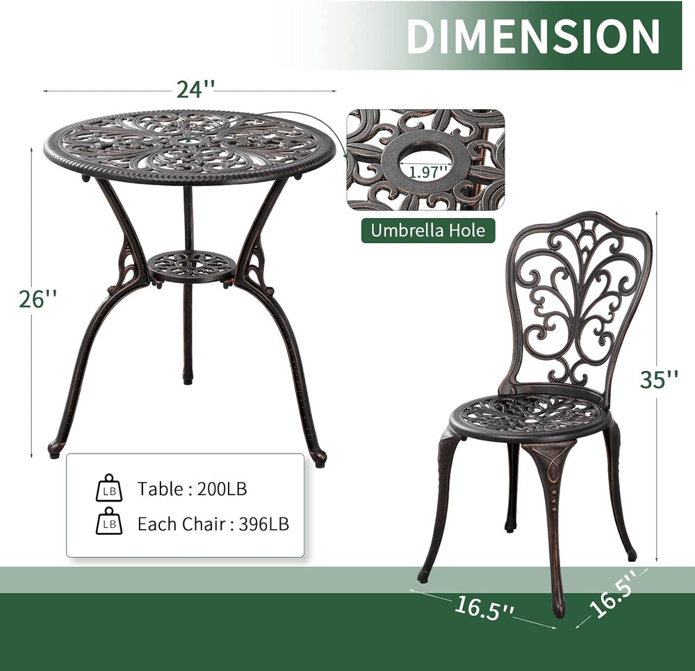 3 Piece Patio Set Outdoor Bistro Set,Cast Aluminum Bistro Table and Chairs Se...