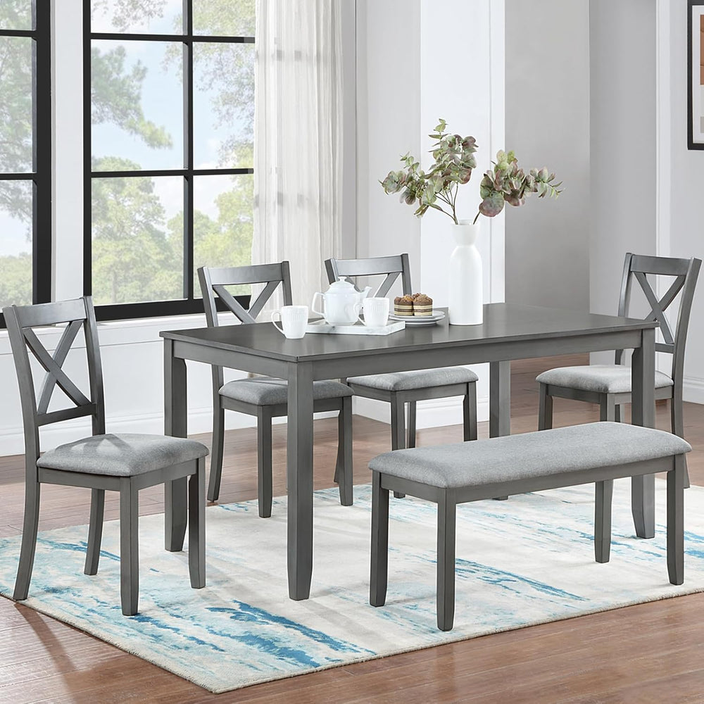 LUMISOL 6-Piece Dining Table Set with Bench, Farmhouse Solid Wood Kitchen Tab...