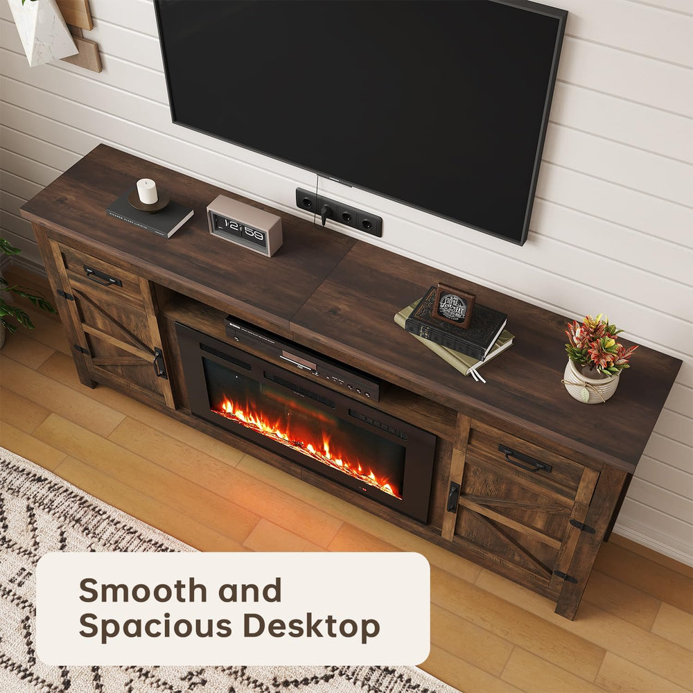 Fireplace TV Stand with Barn Door, 80 inch, Brown
