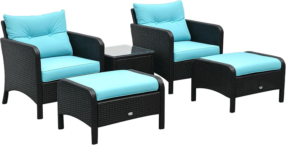 Outsunny 5 Pieces Rattan Wicker Lounge Chair 2 Ottomans Brown/Blue