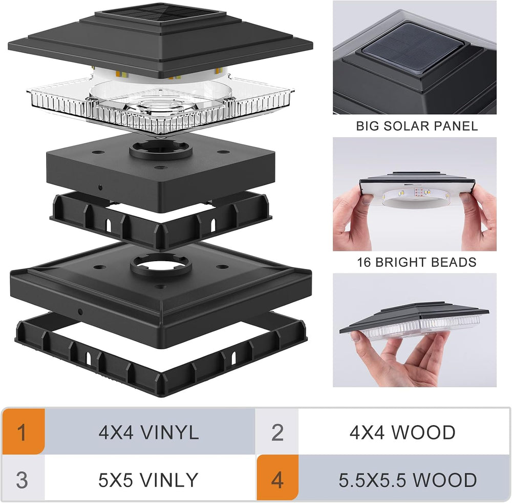 APONUO Solar Post Cap Lights 6-Pack, Black IP64 Waterproof 16 LED Fence Post ...