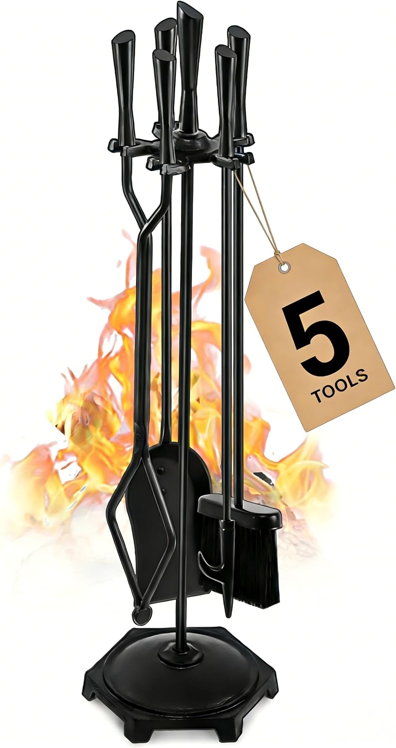 Gtongoko 5 Pcs Fireplace Tools Set 32" Black Wrought Iron Large Fire Too...