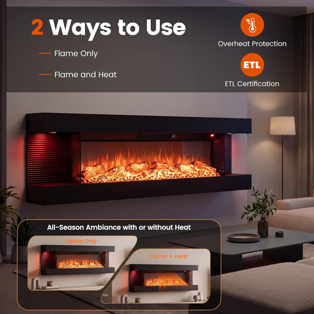 ORALNER 3 Sided Wall Mount Electric Fireplace w/ 50" Floating Mantel, Black