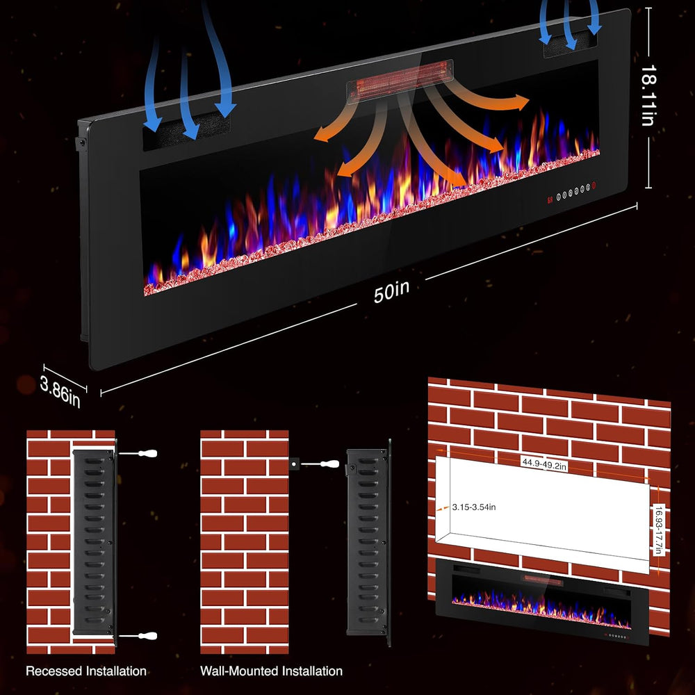 ZAFRO 50" Electric Fireplace with Remote Ultra-Thin & Quiet Wall-Mou...