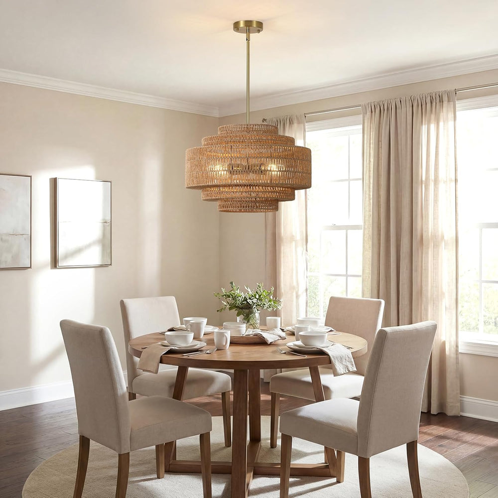 19.68" Gold Rattan Chandelier, 4-Light Handwoven Wicker Fixture