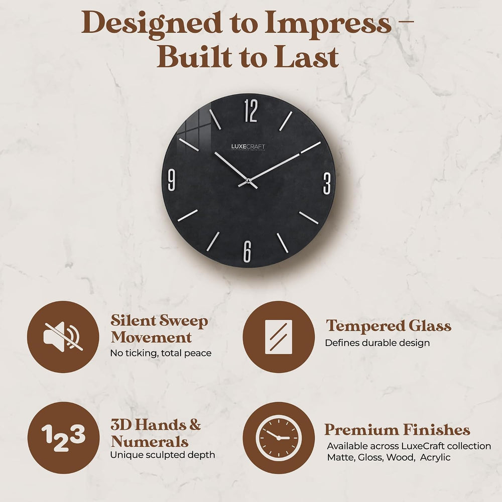 16 Inch Silent Non-Ticking Modern 3D Wall Clock Charcoal Grove, Glass Face