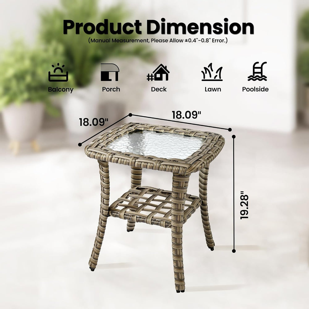ovios Outdoor Side Table with Tempered Glass Top, Patio Wicker Rattan 2-Tier ...