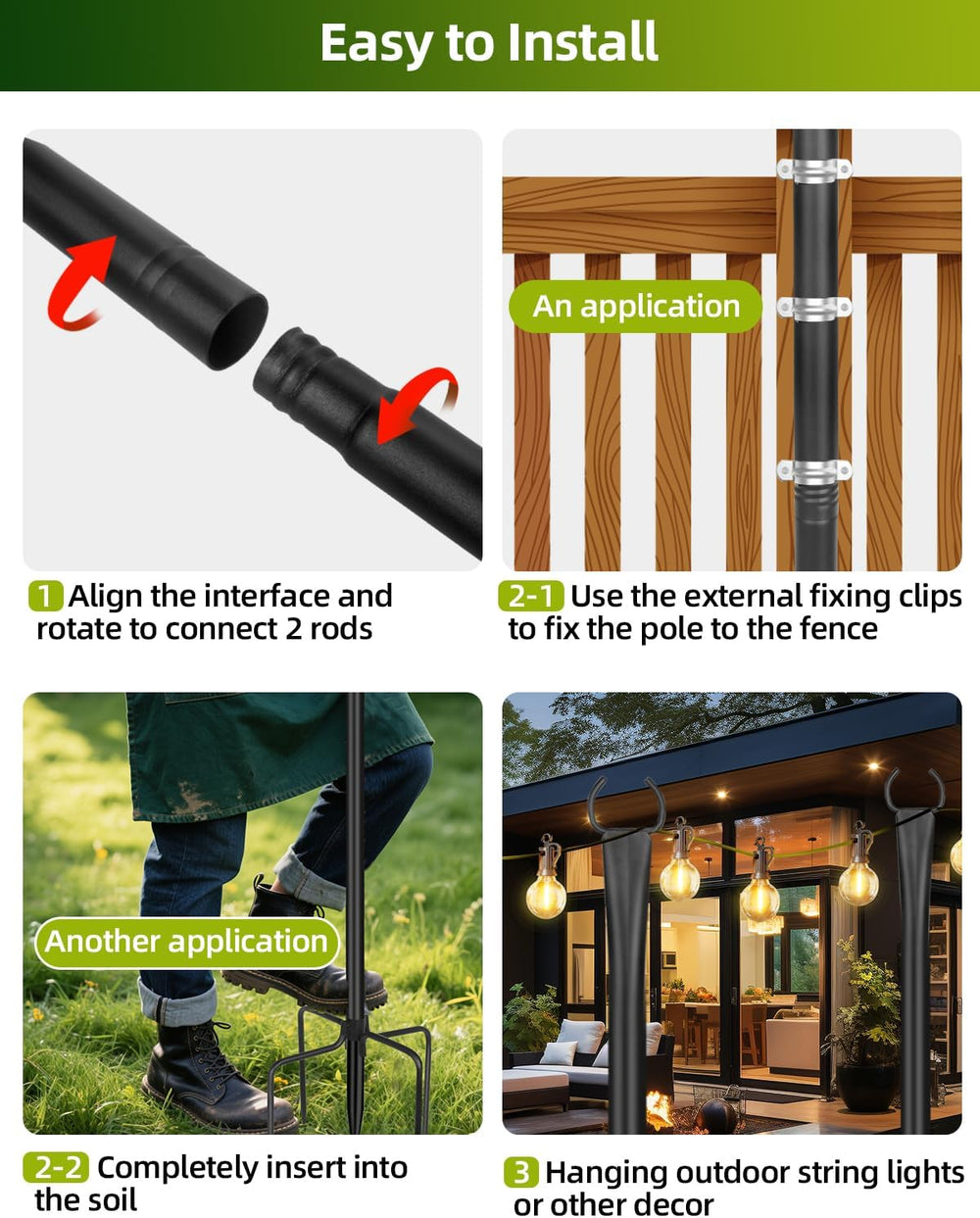 String Light Poles for Outside, 4 Pack 10 ft Adjustable Light Poles