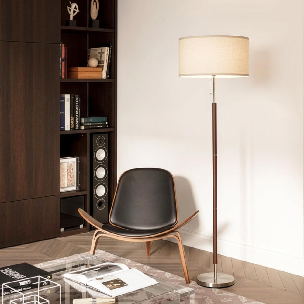 Brightech Carter LED Floor Lamp, Drum Shade with Walnut Wood Finish, Great Li...