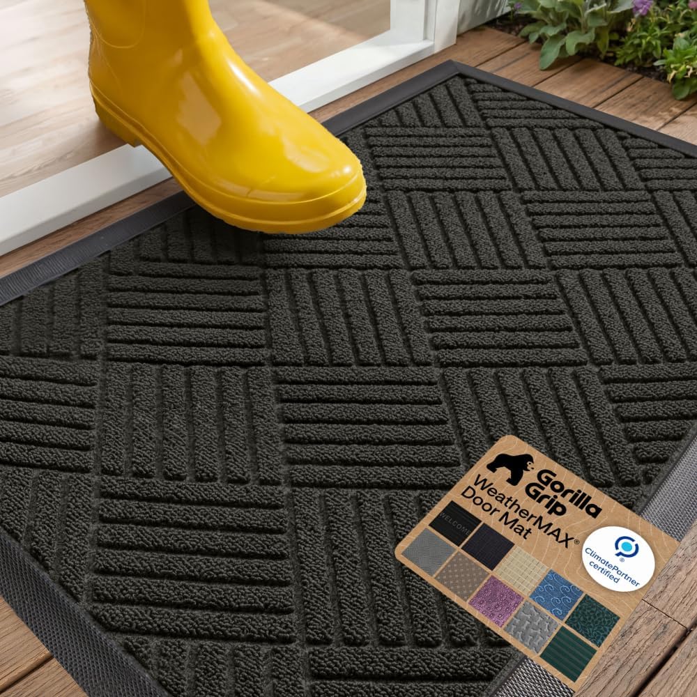 GORILLA GRIP WeatherMAX Door Mat, Indoor Outdoor Use, 35x23, Black Diamond