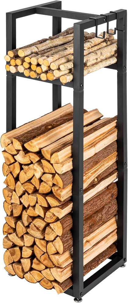 39.8in Firewood Rack Indoor Outdoor with Hooks - Heavy Duty Fireplace Log Holder with Adjustable Feet, Metal Fire Wood Storage Racks & Enclosed Frame Organizer for Patio Indoor Outdoor Deck