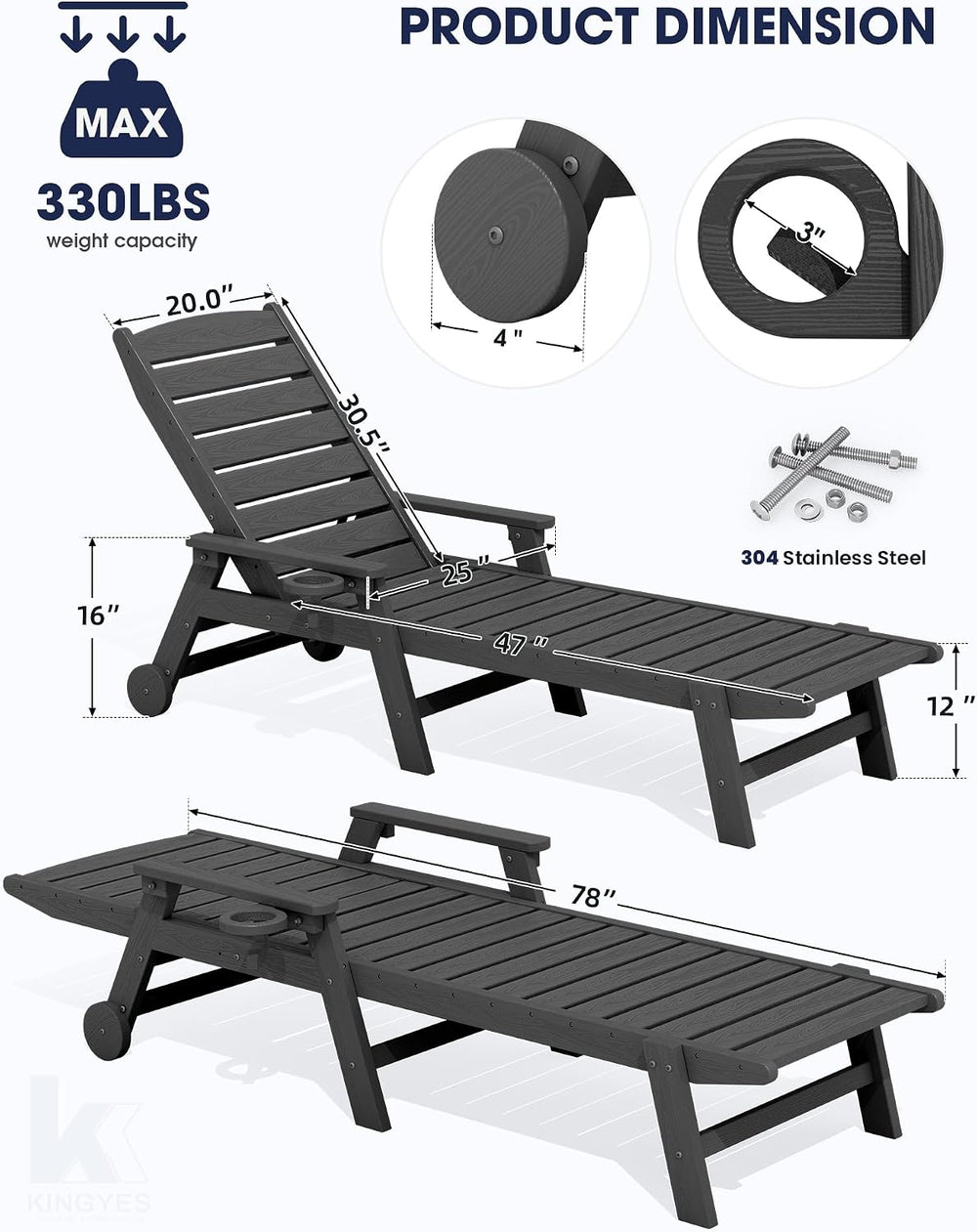 KINGYES HDPE Lounge Chair Outdoor Set of 2, All Weather Pool Lounger