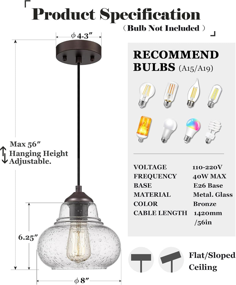 ELYONA 2 Pack Bubble Glass Pendant Lights, 8 Inch Vintage Hanging Lamp Seeded...