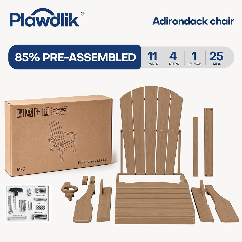 Plawdlik Folding Adirondack Chair with Cup Holder, HDPE All-Weather, Teak