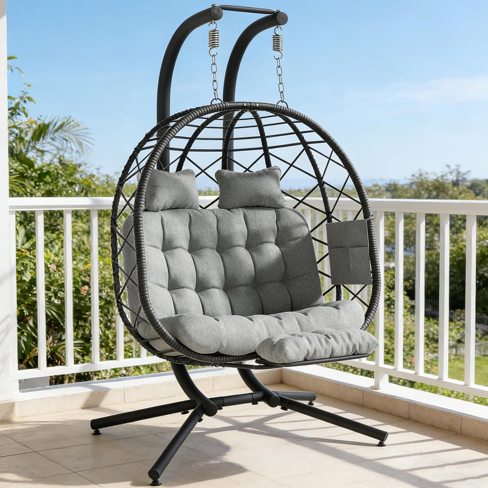 Suteck Double Hanging Egg Chair with Adjustable Footrest & Stand, Grey