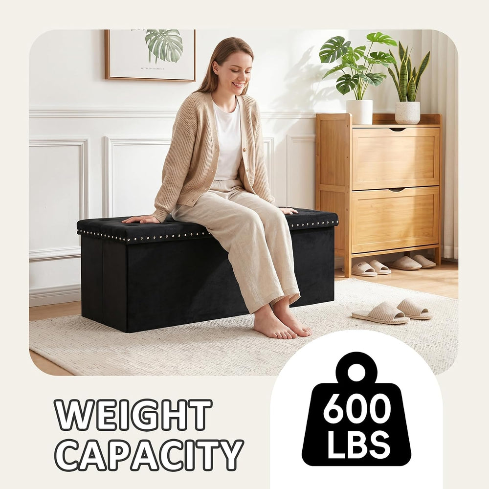 PINPLUS Folding Storage Ottoman Bench, Black Velvet
