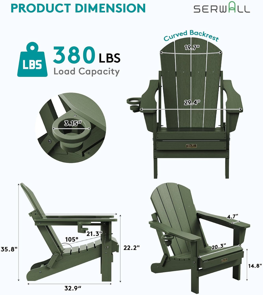 SERWALL Folding Adirondack Chairs Set of 4,Patio Chair with Cup Holder-Army