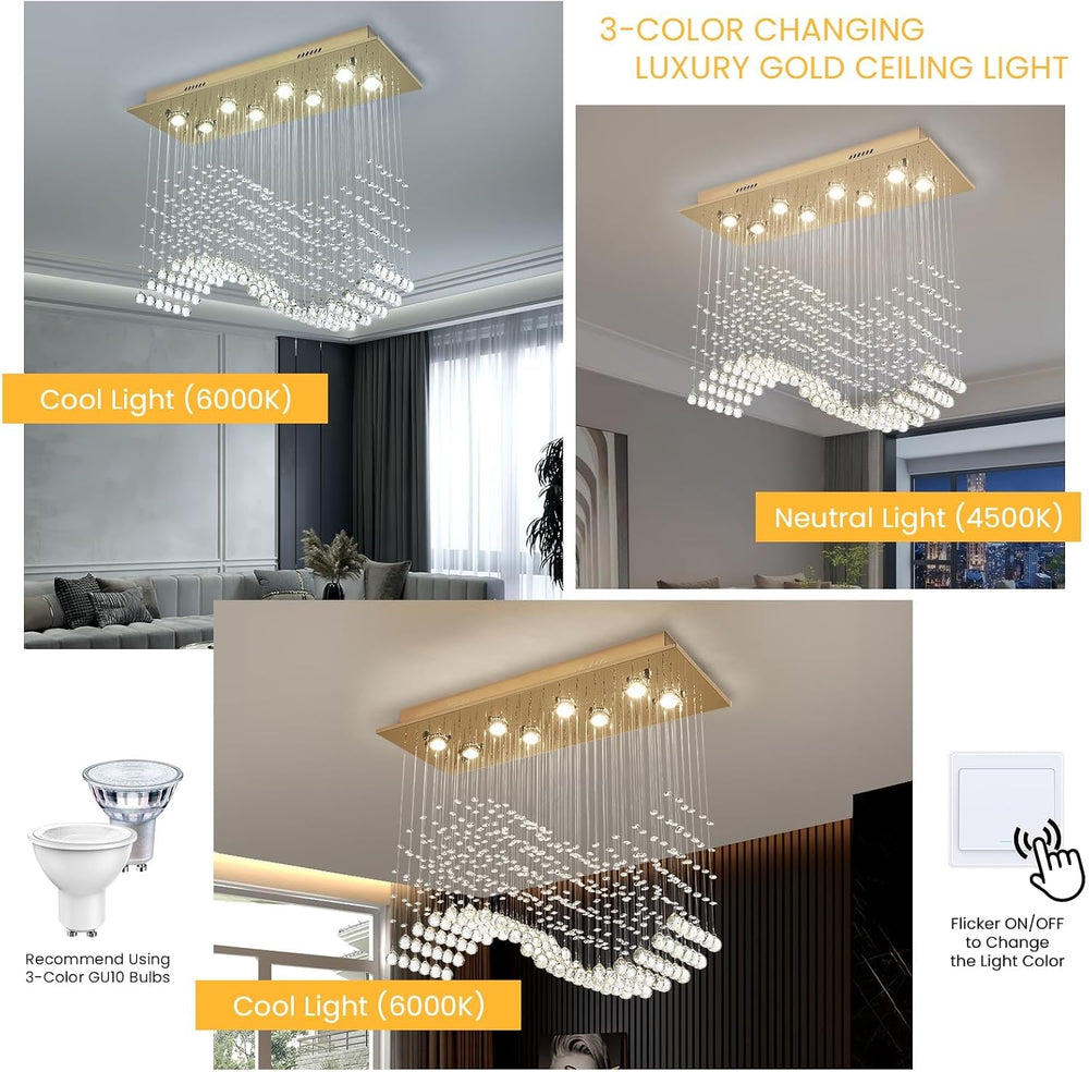 Siljoy Rectangular Gold Crystal Chandelier for Dining Room, 8-Light Modern Wa...
