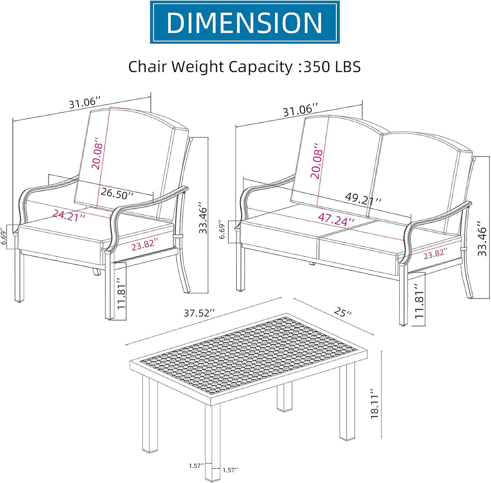 Domi Patio Conversation Set 4 Pieces, Metal Outdoor Patio Furniture with Coff...