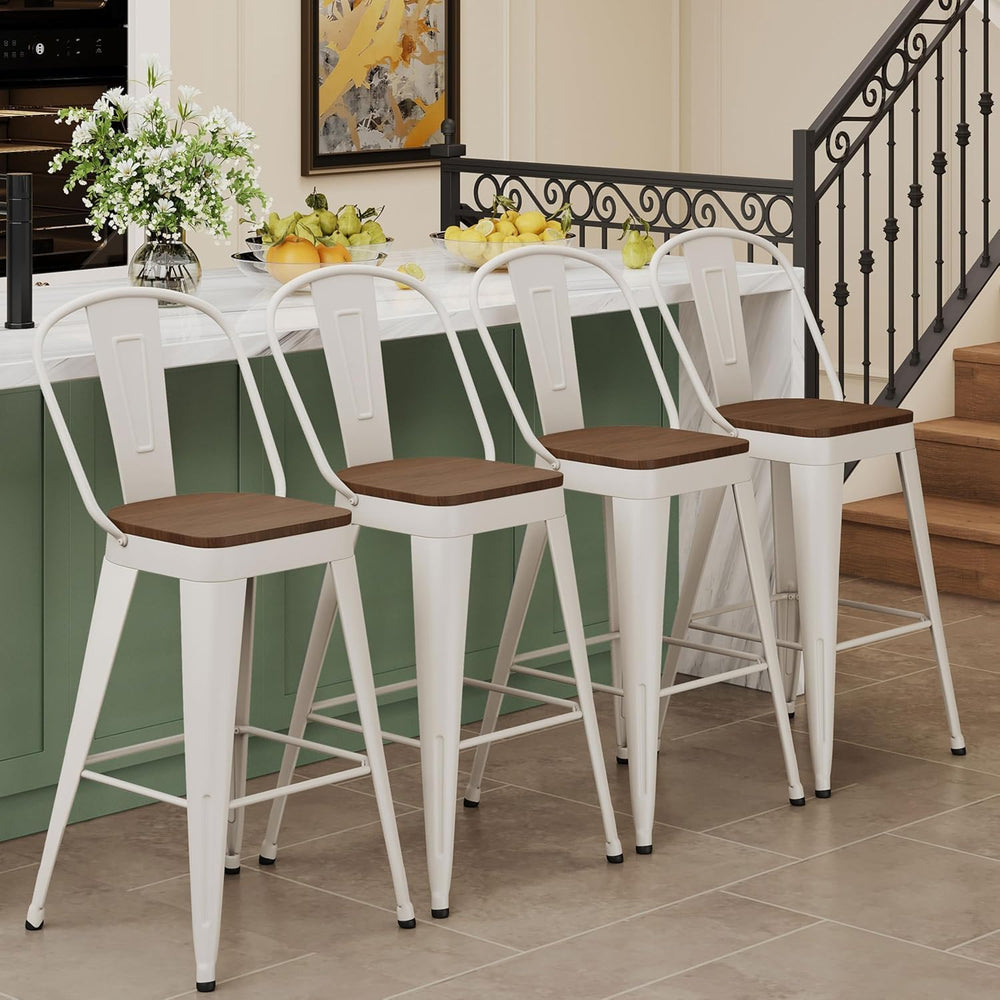 Andeworld Metal Bar Stools Set of 4,24" Counter Height with Backs,Off White