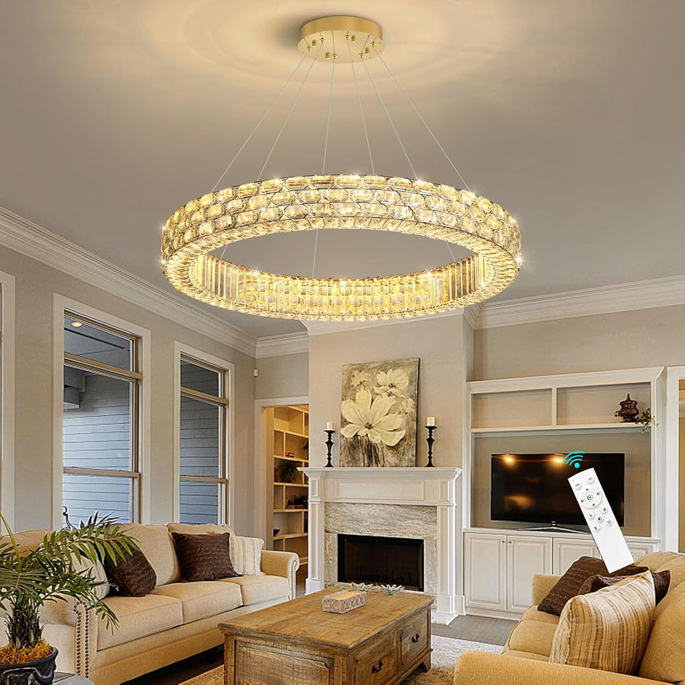 Modern Crystal Chandelier for Living Room Dimmable LED Pendant Light Round Ha...