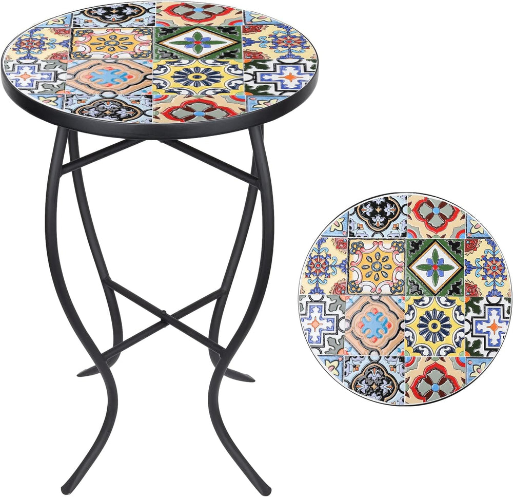 VCUTEKA Mosaic Outdoor Side Table, 14" Round Small Patio Accent Table