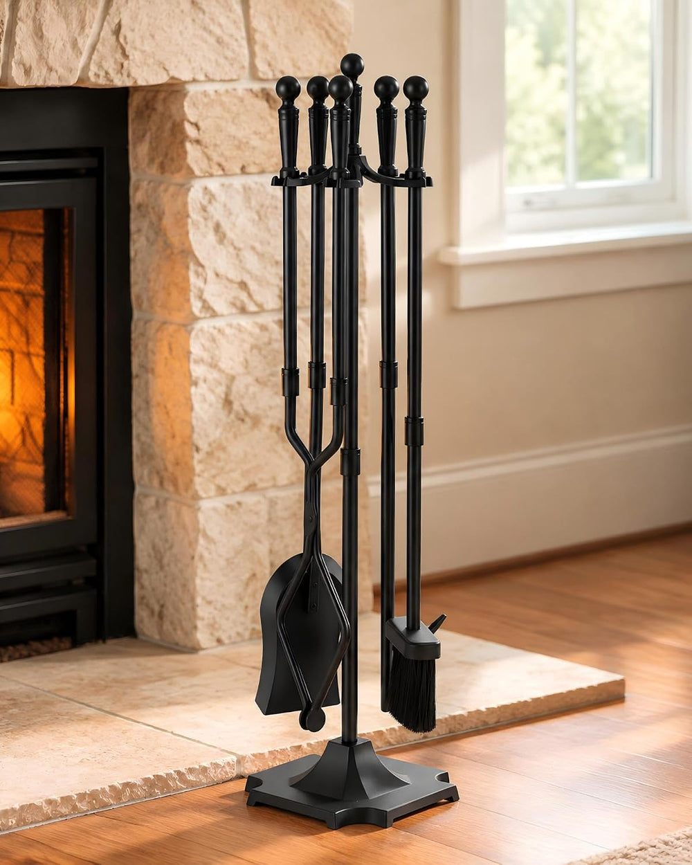 Gtongoko 5-Piece Fireplace Tools Set with Stand, Solid Steel, Black