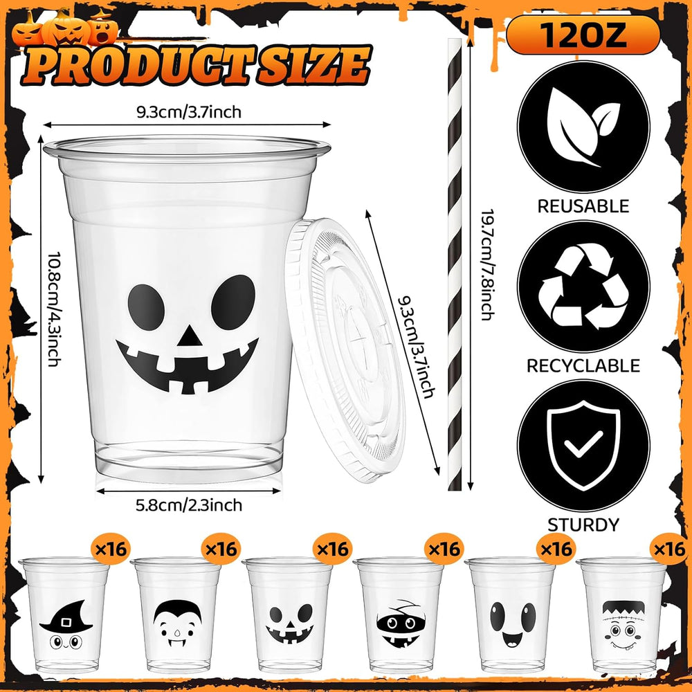 12oz Halloween Disposable Plastic Cups with Lids and Straws