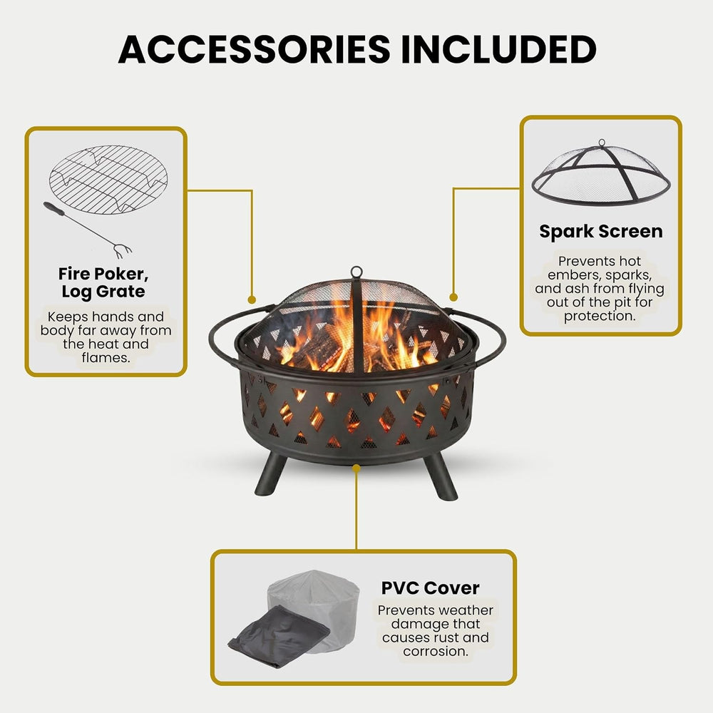 Pure Garden Outdoor Fire Pit with Cross Weave Pattern, Black, 32-Inch
