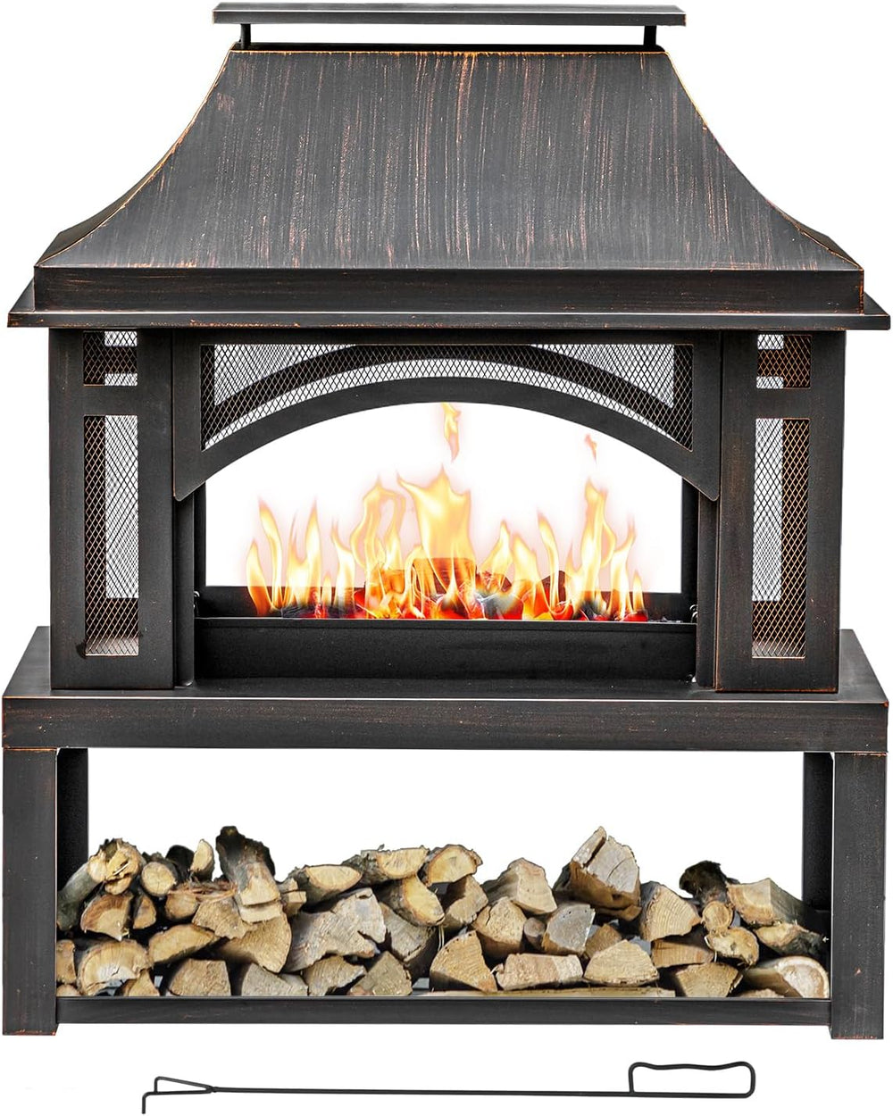 Panovue 39 Inch Fire Pits with Outdoor Chimney and Wood Storage