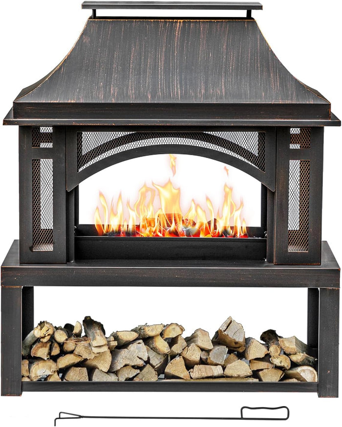 Panovue 39 Inch Fire Pits with Outdoor Chimney and Wood Storage