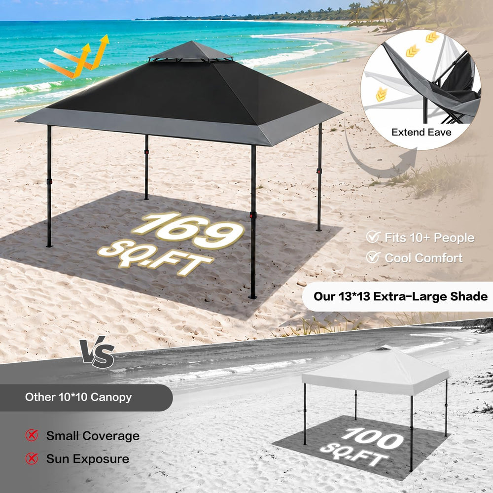 GAFETE 13x13 Outdoor Pop Up Canopy Tent，Auto Extended Eaves, One Push Setup