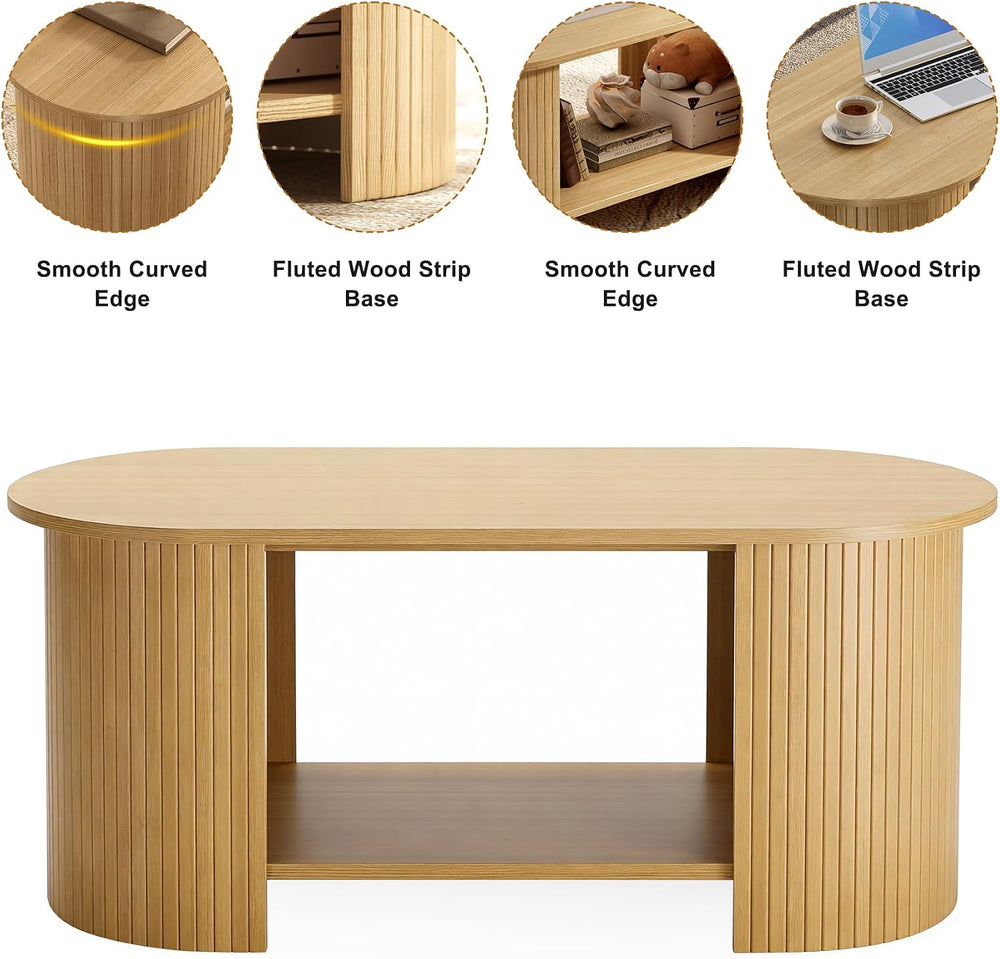 MXV Oval Fluted Coffee Table, 2-Tier Mid Century Modern Center Table, Tea Tab...