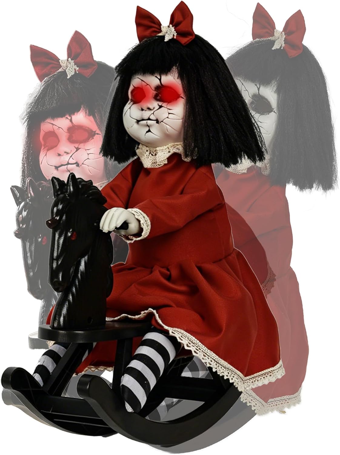 Hourleey Halloween Animatronics Decorations, Sound Activated Girl Doll on Rocking Horse with Lights and Sound, Animated Halloween Decor for Indoor Outdoor Haunted House Party Prop
