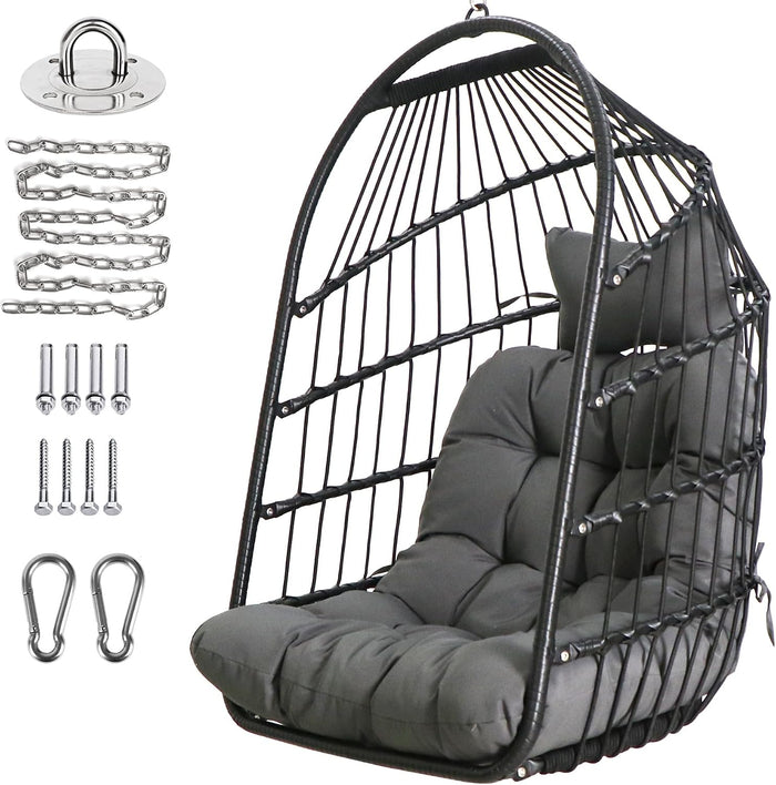 Chihee Egg Chair Foldable Wicker Rattan Hanging Swing Chairs Indoor Outdoor Patio Wicker Chair Hammock Chair with Stainless Steel Hanging Kit Chain Link UV Resistant Cushion Bedroom Balcony