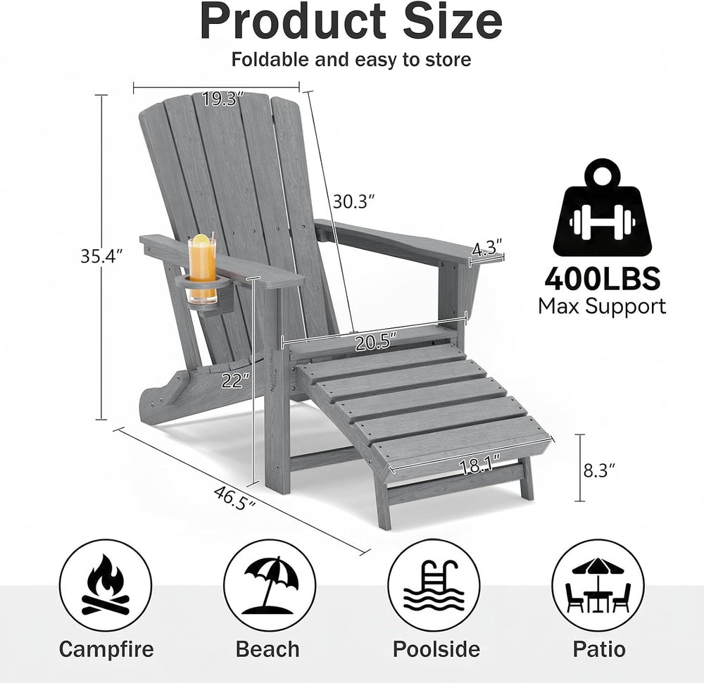 Folding Adirondack Chair with Retractable Ottoman Set of 2,HDPE Outdoor Adiro...