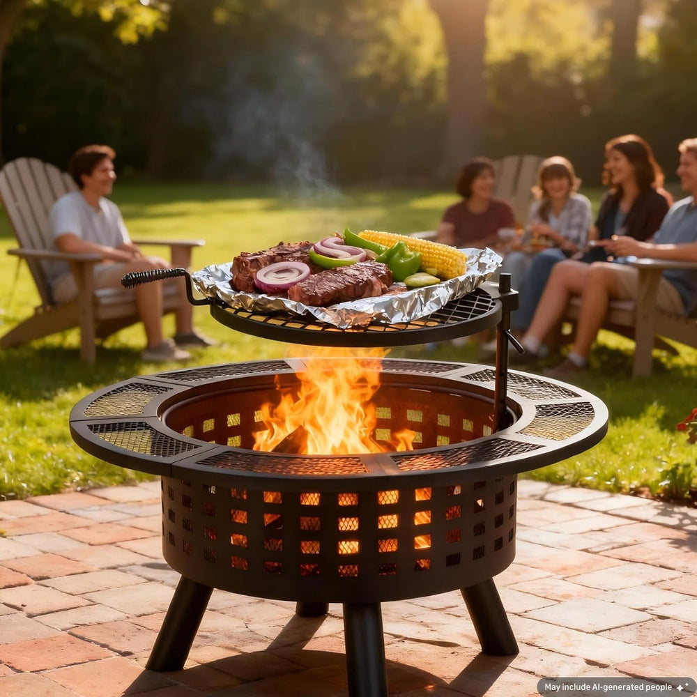 Verdeluxe 36 inch Outdoor Fire Pit with Grill Wood Burning 3-in-1