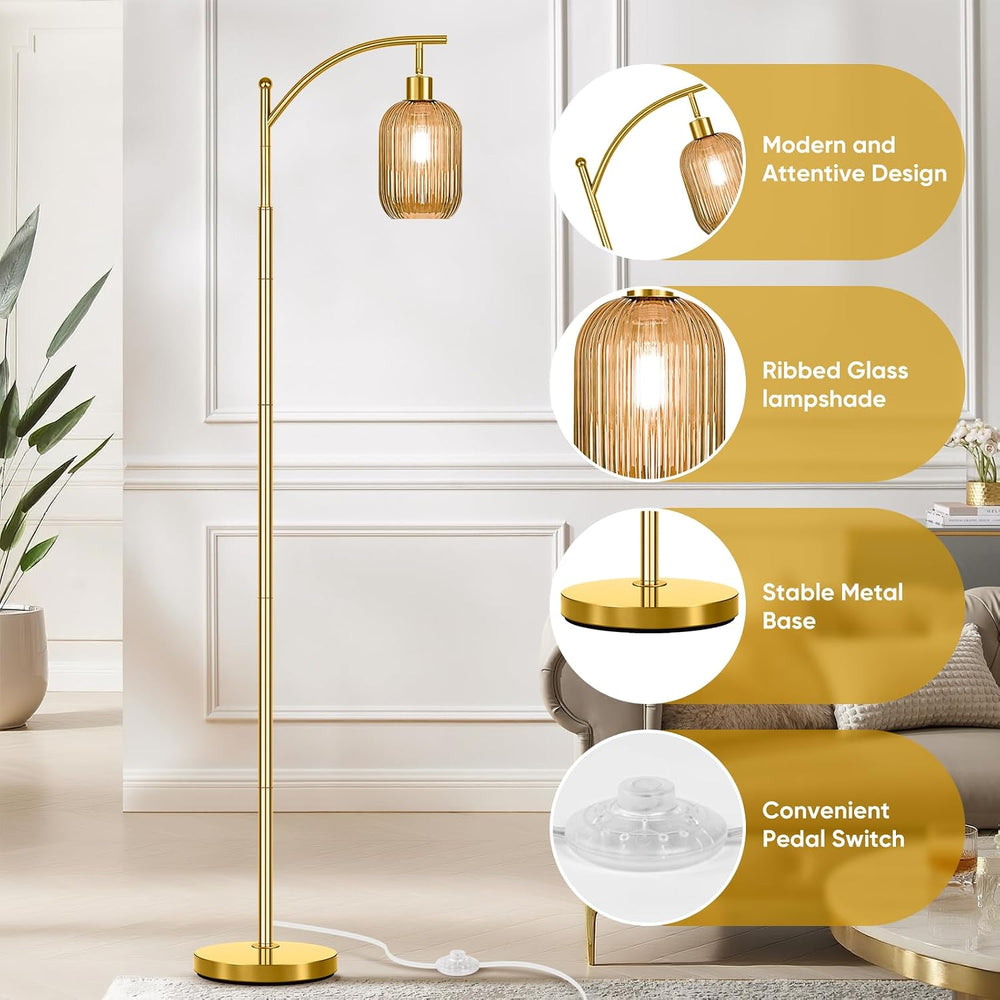gernehop Glass Floor Lamp for Living Room, Modern Gold Standing Lamp with Rib...