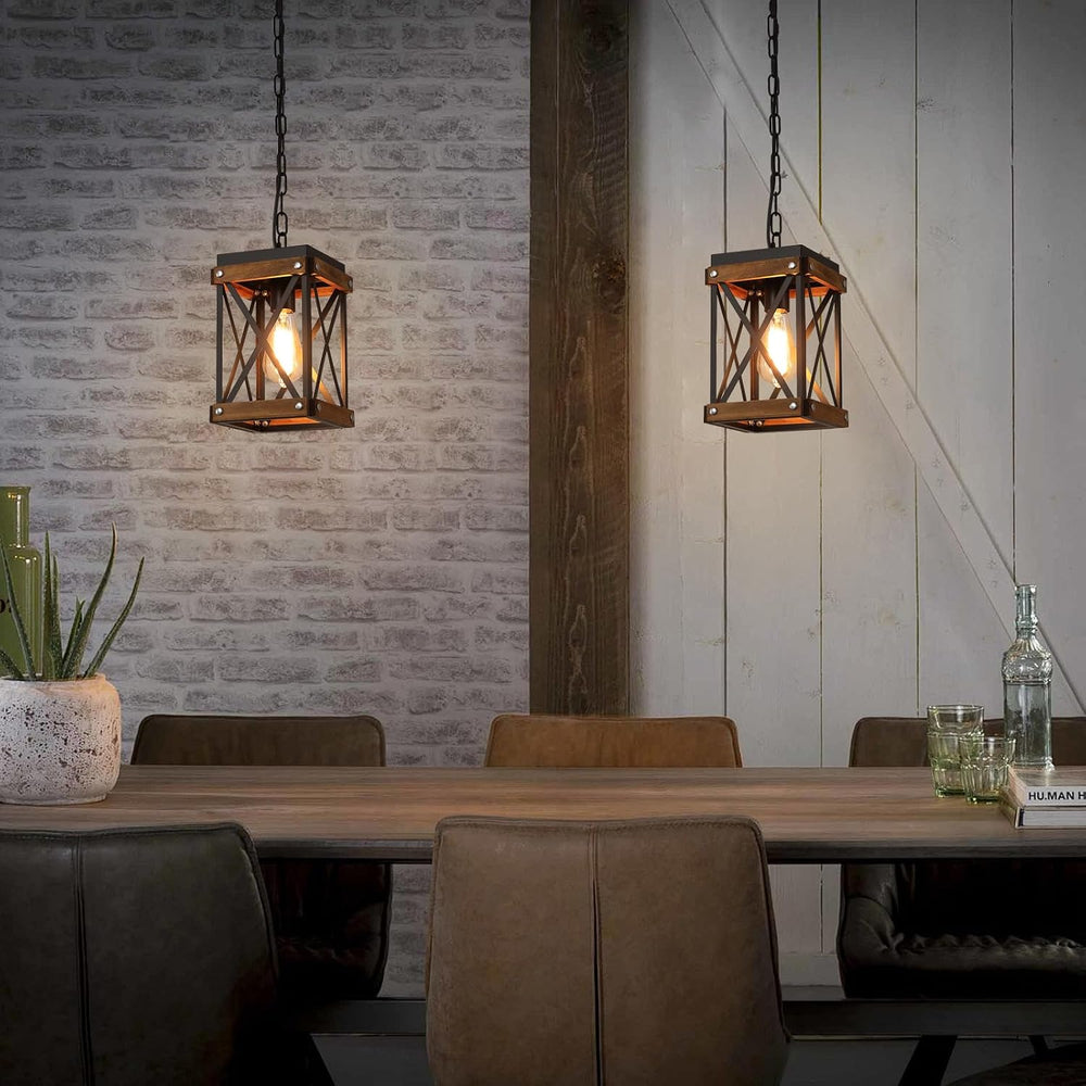 2 Pack Rustic Farmhouse Wood Pendant Light Fixture One-Light Adjustable Chain...