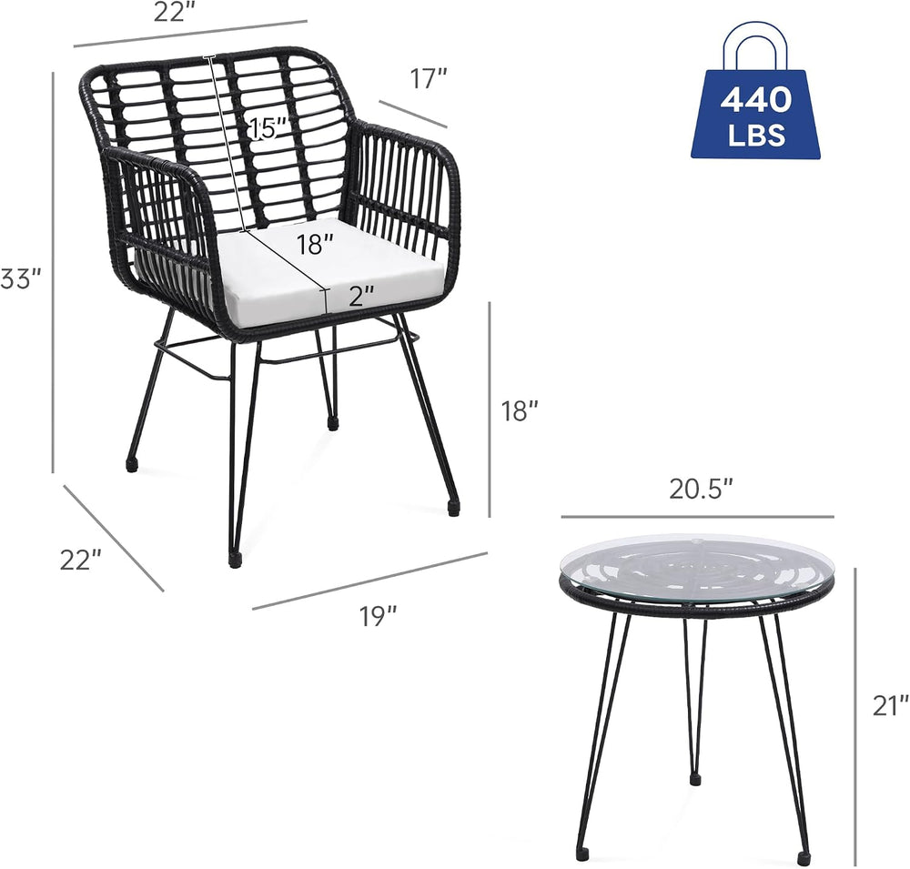 KROFEM 3 Piece Wicker Patio Bistro Furniture Set, Black